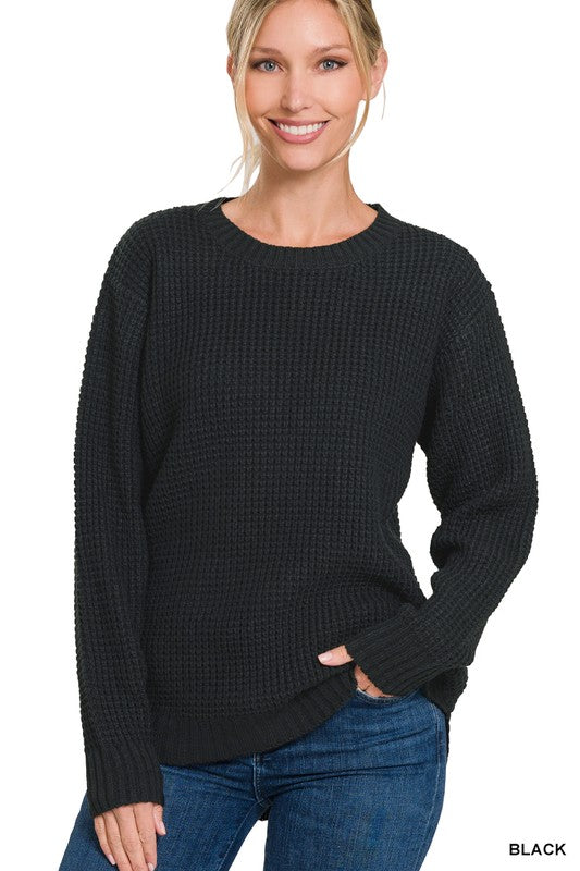 Women's Casual Hi-Low Long Sleeve Waffle Sweater