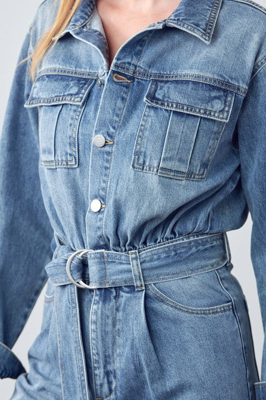 Women's Casual Belted Collared Denim Jumpsuit