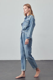 Women's Casual Belted Collared Denim Jumpsuit