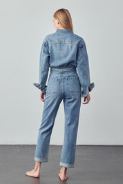 Women's Casual Belted Collared Denim Jumpsuit