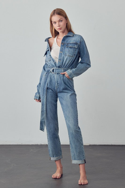 Women's Casual Belted Collared Denim Jumpsuit