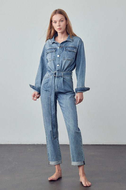 Women's Casual Belted Collared Denim Jumpsuit