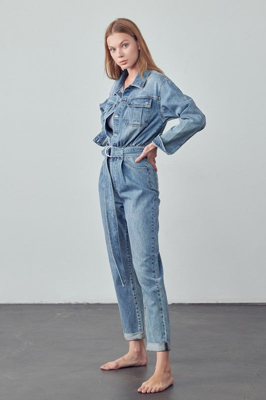 Women's Casual Belted Collared Denim Jumpsuit