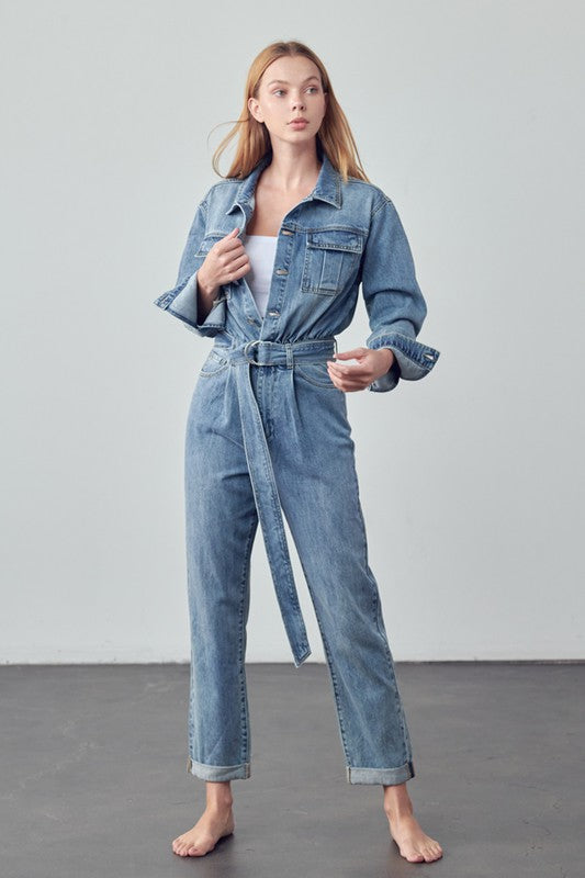 Women's Casual Belted Collared Denim Jumpsuit