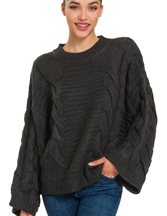 Oversized Bell Sleeve Cable Knit Sweater