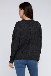 Women's Oversized Ribbed Melange Hacci Sweater with Pocket