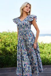 Women's Vintage Floral Flutter Smocking Midi Dress