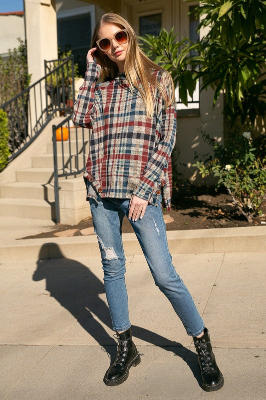 Women's Oversized Plaid Mock Neck Top with Side Buttons