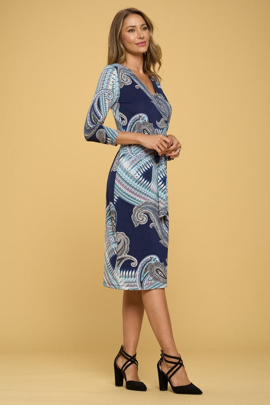 Women's Casual Paisley Print V-Neck Bodycon Wrap Dress