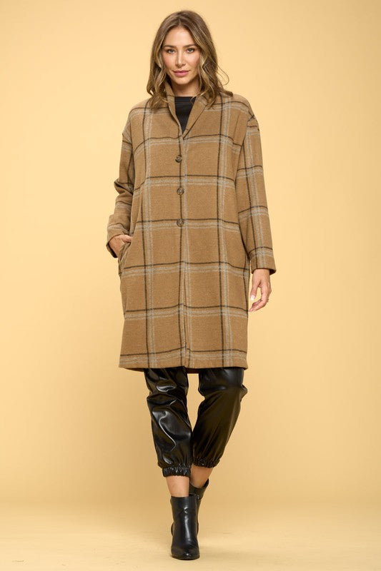 Women's Casual Plaid Coat with Buttons and Pockets