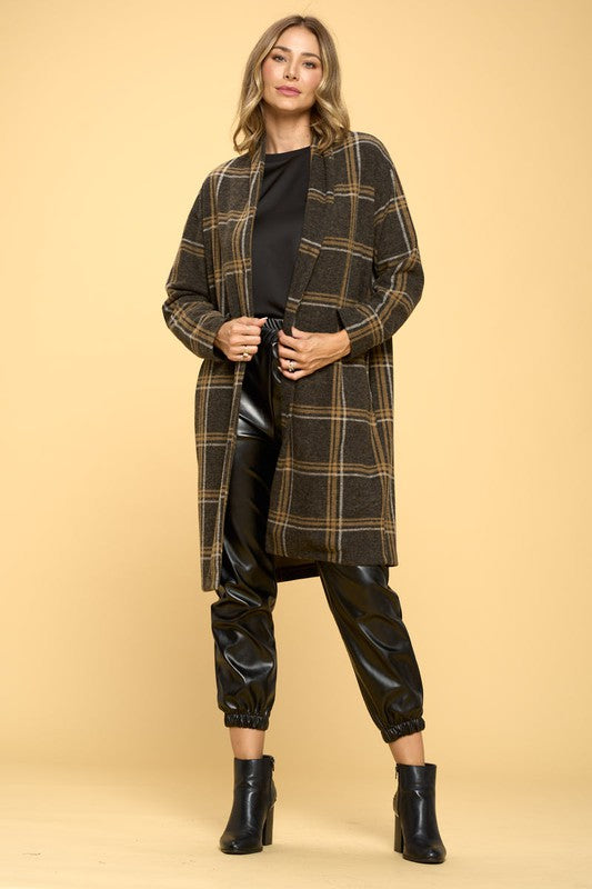 Women's Casual Plaid Coat with Buttons and Pockets