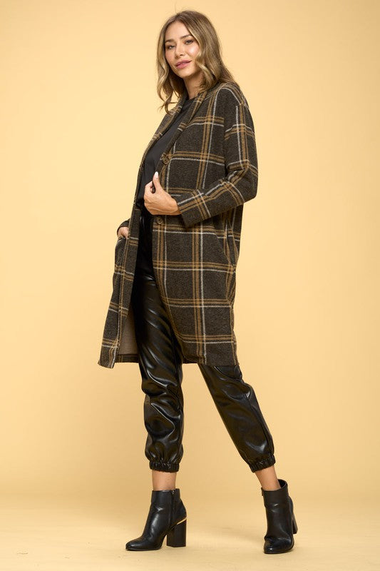 Women's Casual Plaid Coat with Buttons and Pockets