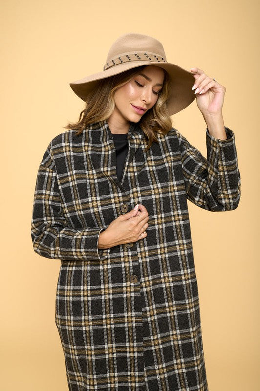 Women's Casual Plaid Coat with Buttons and Pockets