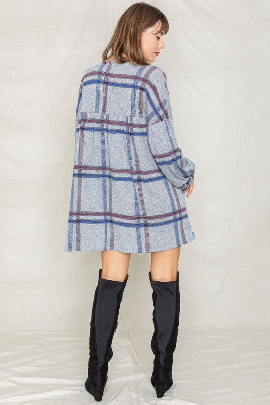 Women's Plaid Empire Waist Balloon Sleeve Mini Dress