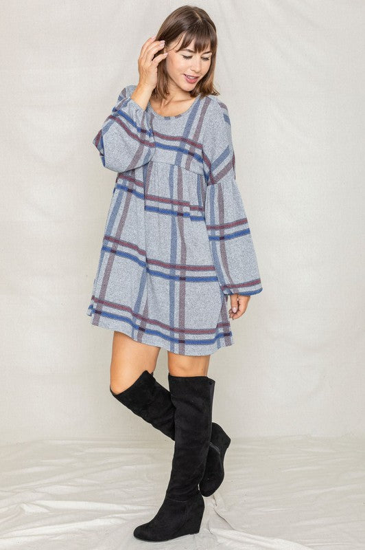 Women's Plaid Empire Waist Balloon Sleeve Mini Dress