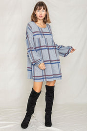 Women's Plus Plaid Empire Waist Balloon Sleeve Mini Dress