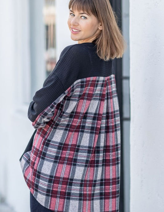 Women's Plaid Back Waffle Knit Cardigan