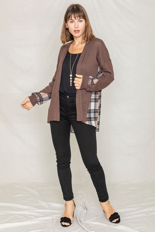 Women's Plaid Back Waffle Knit Cardigan