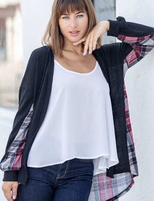 Women's Plaid Back Waffle Knit Cardigan