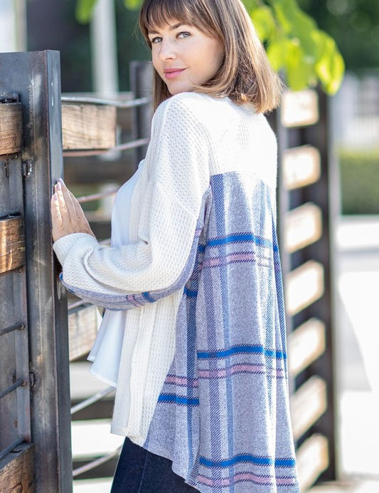 Women's Plaid Back Waffle Knit Cardigan