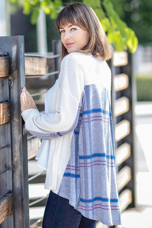 Women's Plaid Back Waffle Knit Cardigan