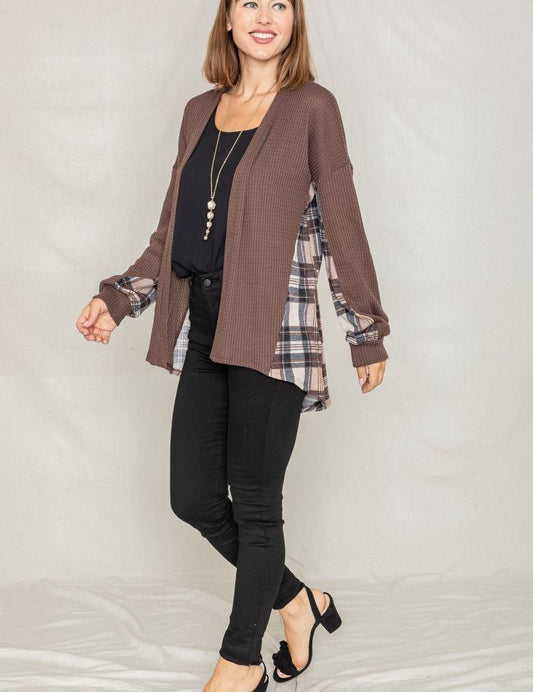 Women's Plaid Back Waffle Knit Cardigan