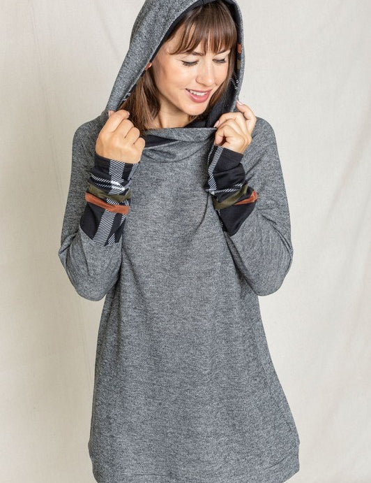 Women's Hooded Tunic with Plaid Trim