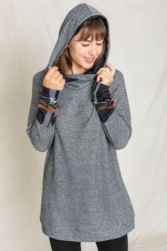 Women's Hooded Tunic with Plaid Trim