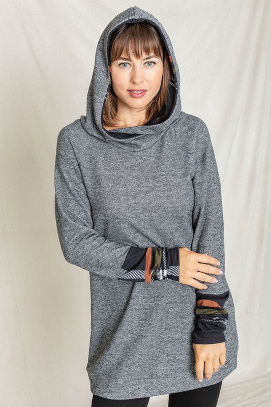 Women's Hooded Tunic with Plaid Trim