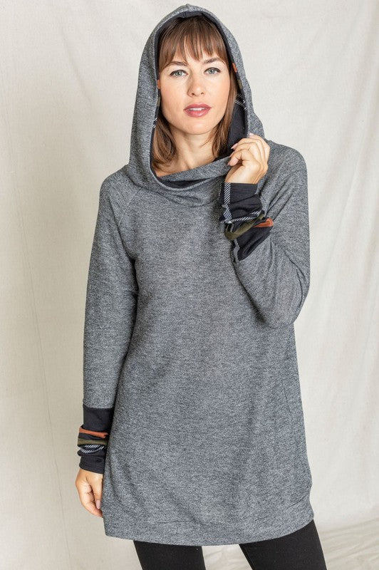 Women's Hooded Tunic with Plaid Trim