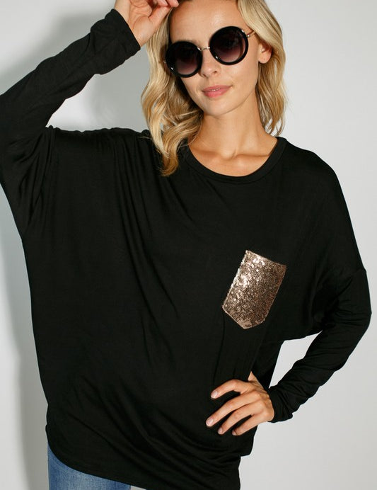 Women's Sequin Pocket Dolman Sleeve Top