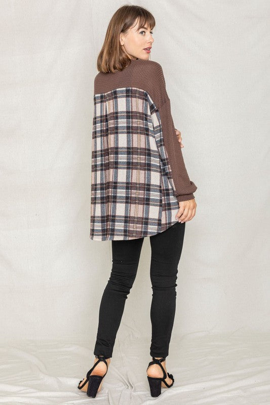 Women's Plaid Back Waffle Knit Cardigan