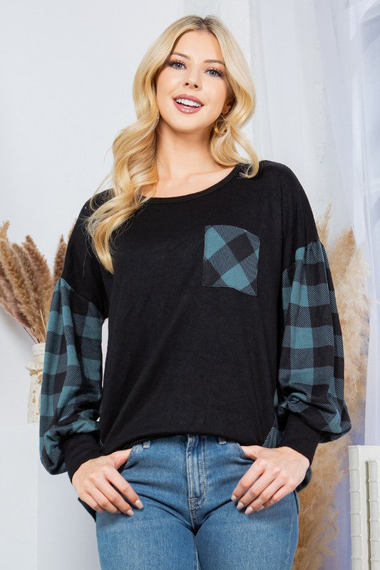 Women's Oversized Plaid Balloon Sleeve Sweater