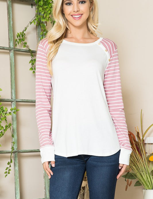 Women's Casual Striped Button Top in Crepe Knit