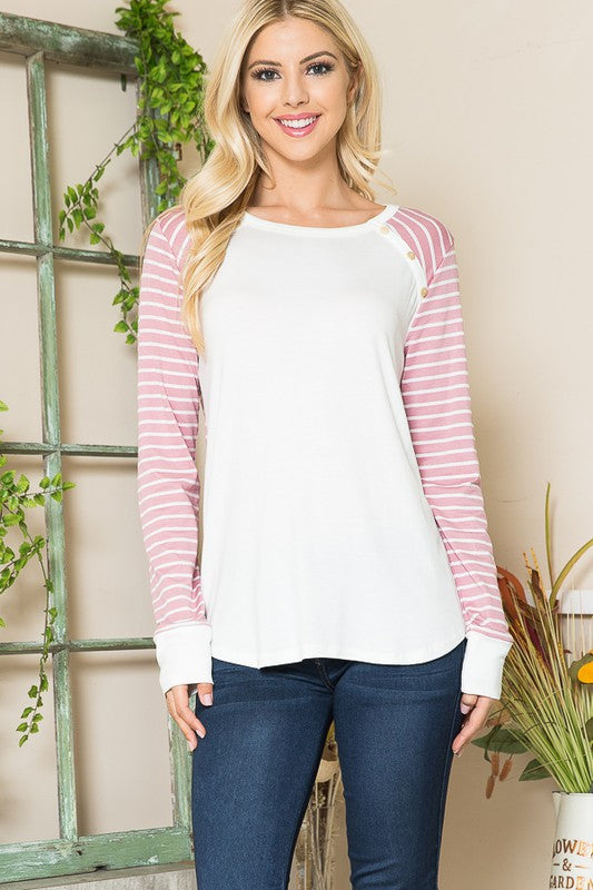 Women's Casual Striped Button Top in Crepe Knit