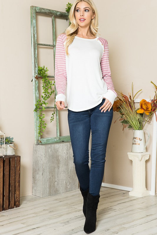 Women's Casual Striped Button Top in Crepe Knit