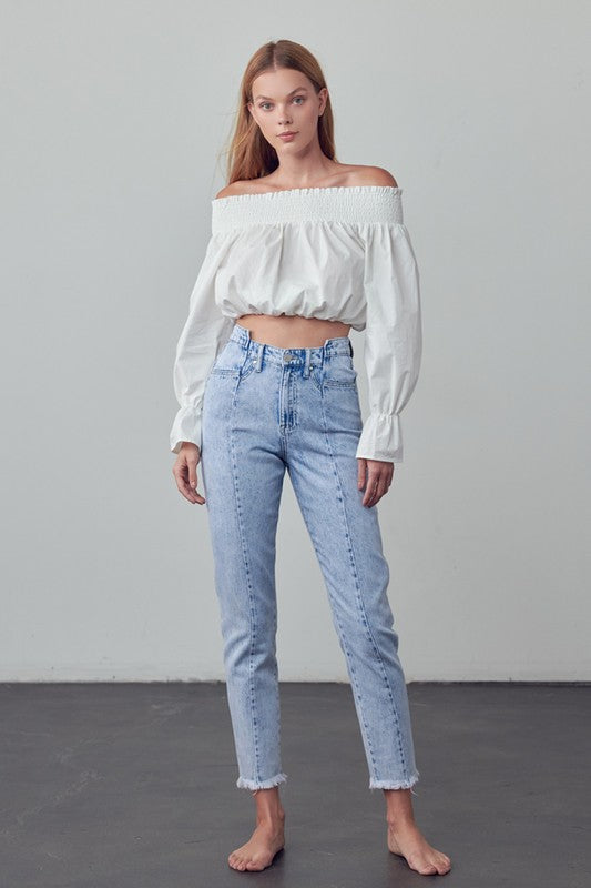 Women's High Waist Frayed Tapered Jeans