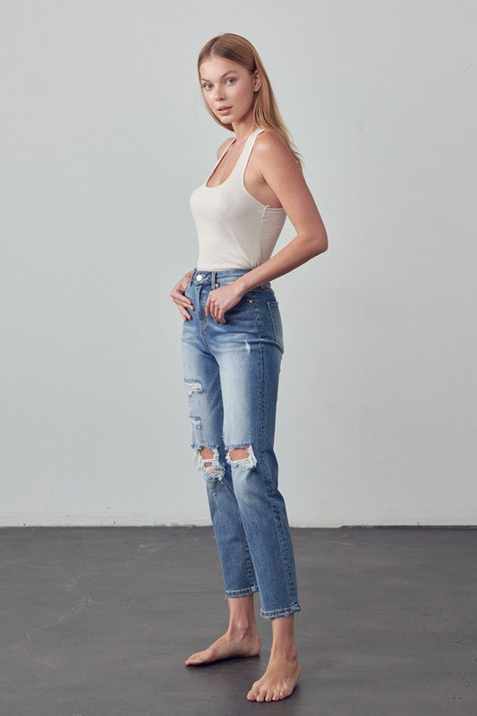 Women's High Rise Medium Wash Girlfriend Jeans