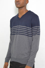 Men's V-Neck Stripe Knit Pullover Sweater