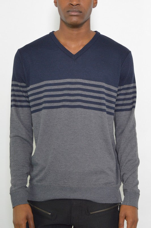 Men's V-Neck Striped Knit Pullover Sweater