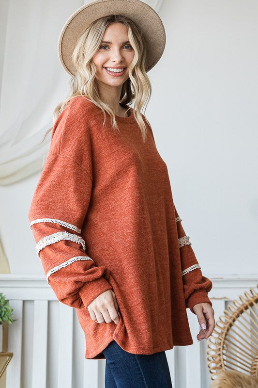 Women's Loose Fit Tunic with Tweed Trim Long Sleeves