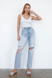 Women's High Waist Ripped Loose Fit Jeans