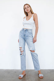 Women's High Waist Ripped Loose Fit Jeans