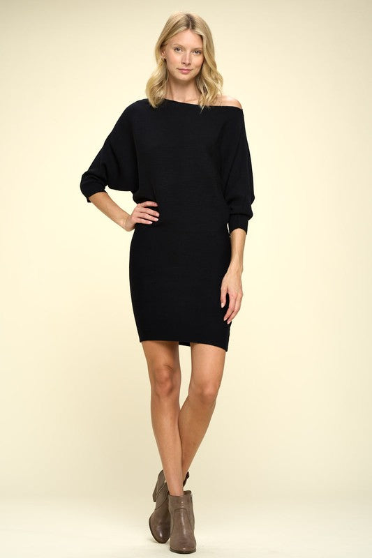 Women's Bodycon Ribbed Knit Dolman Sleeve Mini Dress