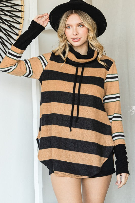 Women's Long Sleeve Cowl Neck Striped Tunic