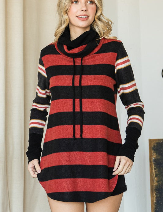 Women's Long Sleeve Cowl Neck Striped Tunic