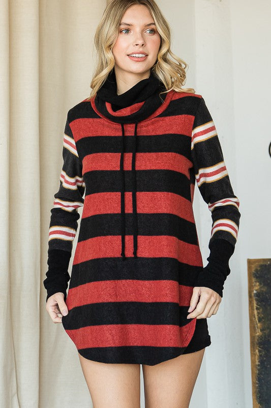 Women's Long Sleeve Cowl Neck Striped Tunic