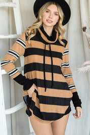 Women's Long Sleeve Cowl Neck Striped Tunic