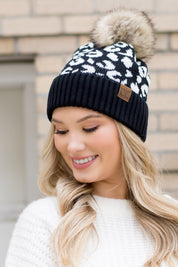 Women's Leopard Print Faux Fur Pom Beanie