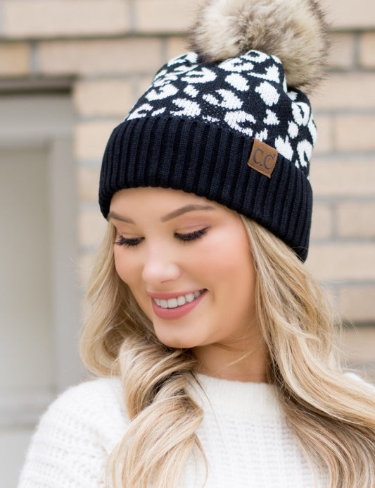 Women's Leopard Print Faux Fur Pom Beanie